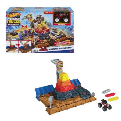 Conjunto Hot Wheels Monster Trucks com pista, carrinho e peças adicionais em embalagem colorida