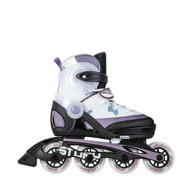Patins em linha branco, preto e lilás com rodas brancas e texto STURY