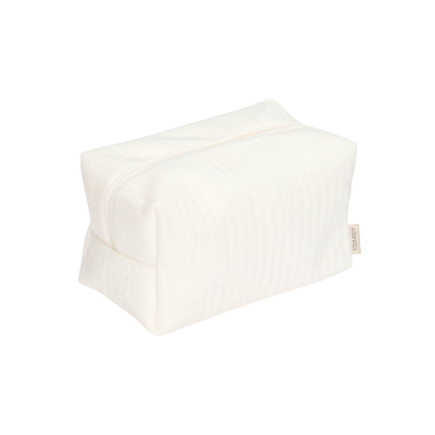 Necessaire retangular branca com padrão listrado e fecho de correr