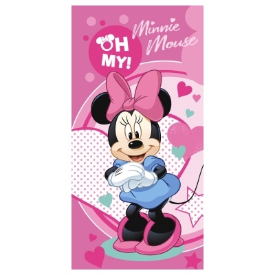 Toalha rosa com estampa da Minnie Mouse e textos OH MY! e Minnie Mouse