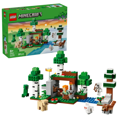 Caixa e conjunto LEGO Minecraft First Night Adventure com personagens e elementos naturais em blocos coloridos.