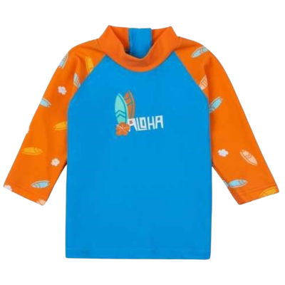 Camisola azul com mangas laranja e padrão de pranchas, com texto ALOHA