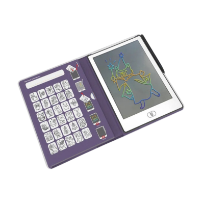 Livro de desenho roxo e tablet com desenho colorido.