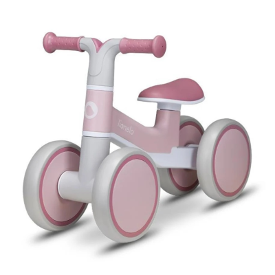 Bicicleta de equilíbrio infantil rosa e branca com quatro rodas