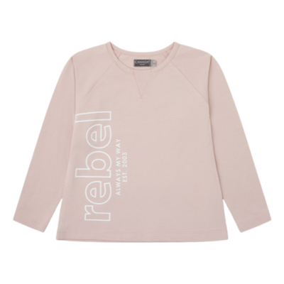 Sweatshirt rosa claro de manga comprida com texto branco vertical