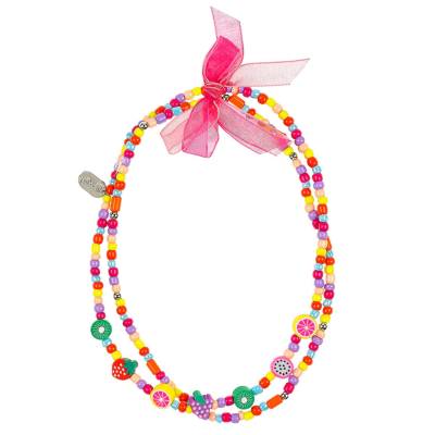 Colar duplo de contas coloridas com frutas e laço rosa