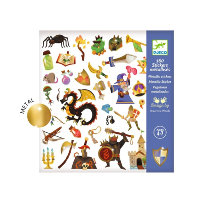 Pacote de autocolantes metalizados de fantasia medieval com vários personagens e objetos coloridos