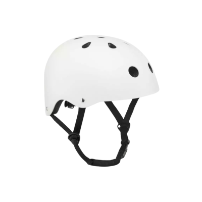 Capacete de proteção branco com orifícios pretos e correias pretas