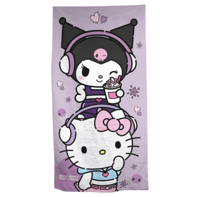 Toalha lilás com desenhos das personagens Hello Kitty e Kuromi e o texto HELLO KITTY AND FRIENDS