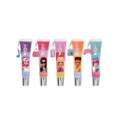 Conjunto de cinco tubos de gloss labial coloridos da WOW Collection com pendentes decorativos.