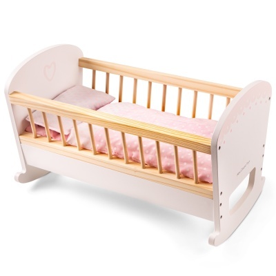 Mini cama de madeira para bonecas com detalhes em rosa e branco