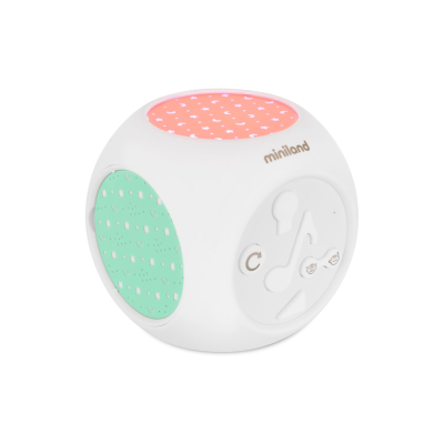 Caixa branca cubo com painéis coloridos e botão musical