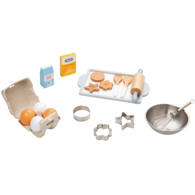 Conjunto de brinquedo de cozinha com utensílios de madeira, formas em metal, ovos falsos e caixas pequenas