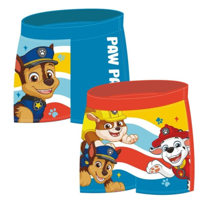 Dois calções de banho infantis azuis e vermelhos com personagens da Patrulha Pata.