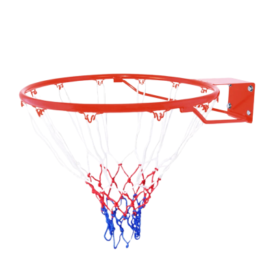 Aro de basquetebol vermelho com rede tricolor branco, vermelho e azul