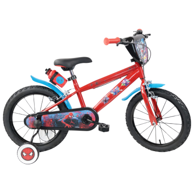 Bicicleta infantil vermelha com decoração do Homem-Aranha e rodinhas azuis