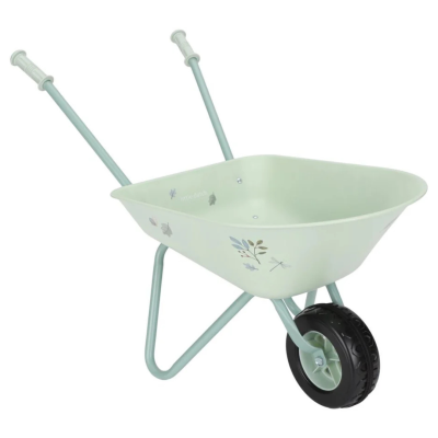 Carrinho de mão metálico verde claro com padrões de folhas e libélula e uma roda preta