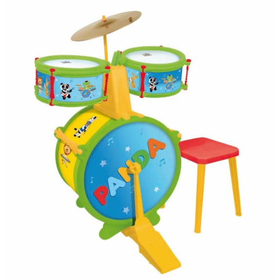 Bateria infantil colorida com tambores e banco