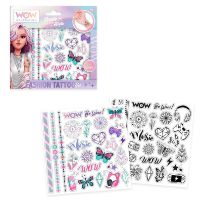 Conjunto de tatuagens temporárias coloridas e a preto e branco WOW Generation com vários desenhos e texto.