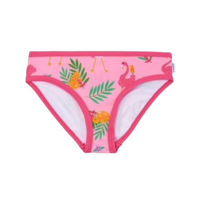 Cuecas rosa com estampado de flamingos e plantas.