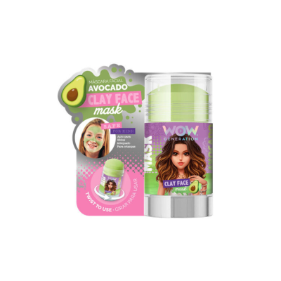 Máscara facial de argila em stick para crianças com abacate, rótulo roxo e verde, embalagem transparente