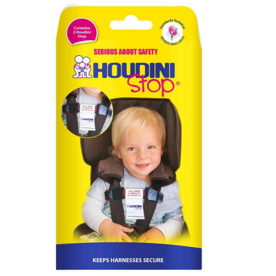 Embalagem amarela do produto Houdini Stop com uma criança no assento de carro usando arnês com almofadas de segurança vermelhas