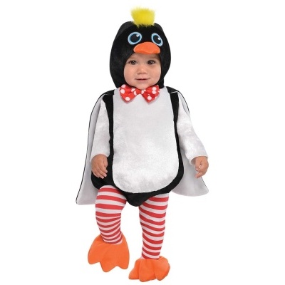 Fato de pinguim para bebé com leggings às riscas e laço vermelho