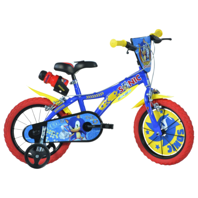 Bicicleta infantil azul e amarela com tema Sonic e rodas vermelhas.