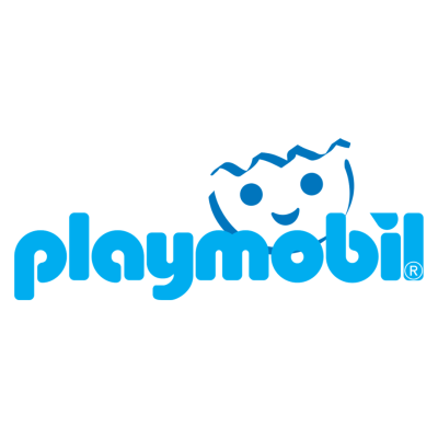 Logótipo azul da marca Playmobil com texto e cara sorridente