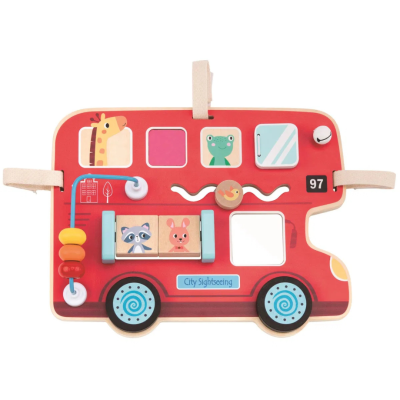 Brinquedo de madeira em forma de autocarro vermelho com desenhos de animais e elementos interativos