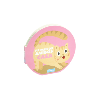 Livro infantil redondo rosa com gato e texto PRIMEIROS AMIGOS DA CASA