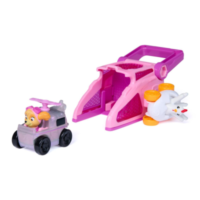 Brinquedo de carrinho cinza com personagem canino e rampa rosa com carrinho branco e amarelo