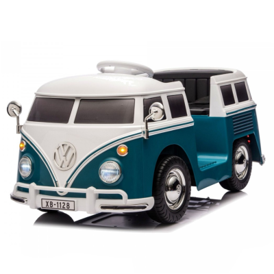 Carrinho elétrico infantil azul e branco em forma de minivan Volkswagen