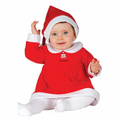Bebé com vestido vermelho e branco e chapéu de Natal sentado