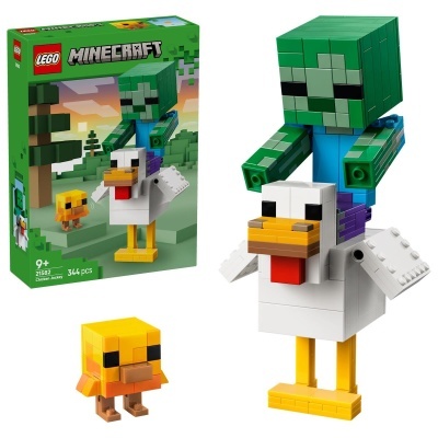 Brinquedo LEGO Minecraft com personagem zombie verde montado numa galinha branca e pintainho amarelo