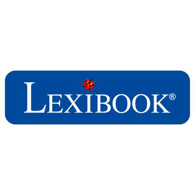 Logotipo azul com texto branco LEXIBOOK e joaninha vermelha