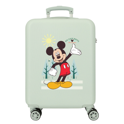 Mala de viagem rígida cinza claro com estampa do Mickey Mouse e texto WE CAN MOVE Mountains