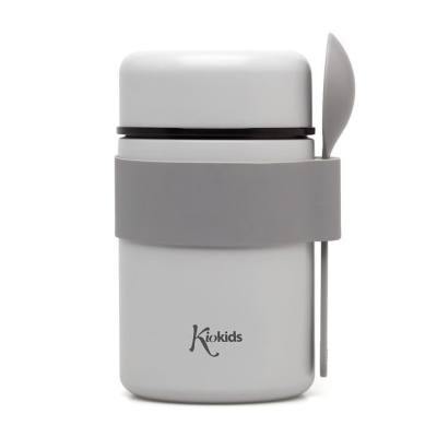 Recipiente com tampa e colher acoplada, com logo Kiokids