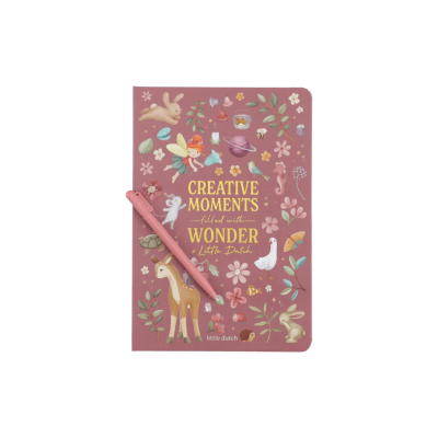 Caderno cor-de-rosa ilustrado com animais e fadas e caneta cor-de-rosa