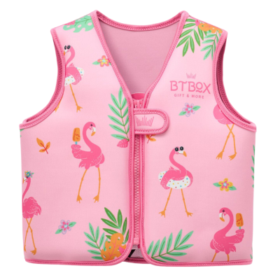Colete salva-vidas infantil rosa com flamingos e texto BTBOX