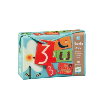 Caixa de puzzle duo com imagens de animais e números, com alça azul