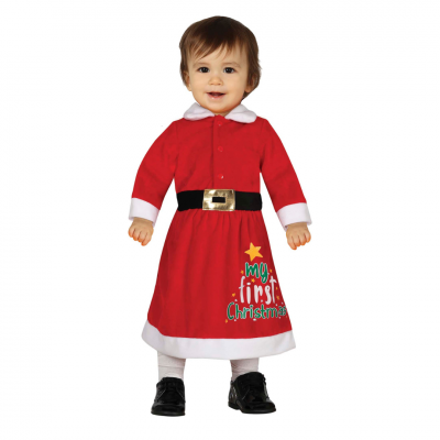 Vestido de bebé vermelho com tema de Natal e texto 'My first Christmas'