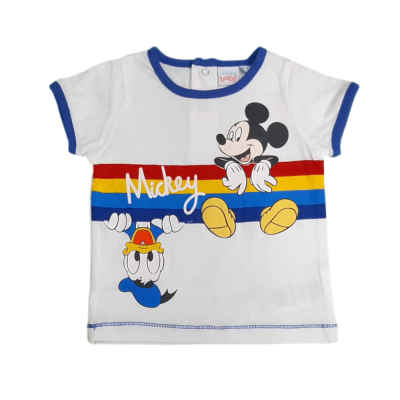 Camiseta bebé branca com personagens Mickey Mouse e Pato Donald e faixas coloridas