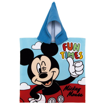 Poncho infantil azul com capuz e estampa do Mickey Mouse.