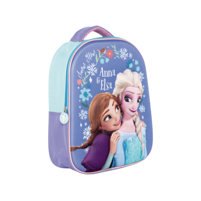 Mochila infantil azul e roxa com imagem de Anna e Elsa e padrão floral