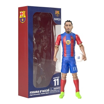 Figura de ação Raphinha 11 do FC Barcelona em caixa com janela transparente
