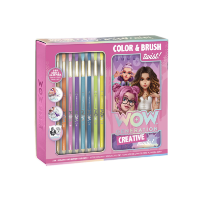 Conjunto de lápis de cor e aquarela 2 em 1 em embalagem rosa com texto e ilustração de personagens.