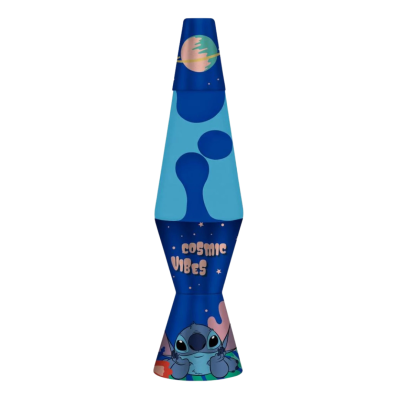 Lâmpada de lava azul com desenho do Stitch e texto COSMIC VIBES.