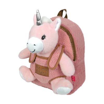 Mochila infantil cor-de-rosa com peluche de unicórnio e etiqueta Be my friend