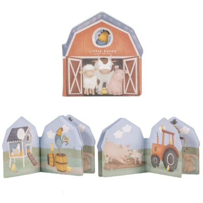 Livro de tecido em forma de celeiro e animais da quinta em cores suaves